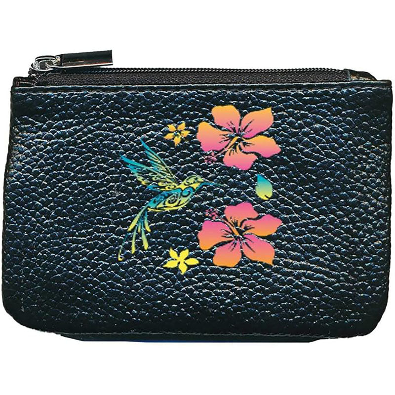 Petit Porte monnaie avec porte clés en Cuir noir pour femme personnalisé Colibri orange