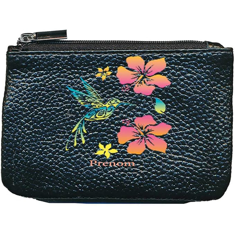 Petit Porte monnaie avec porte clés en Cuir noir pour femme personnalisé Colibri orange