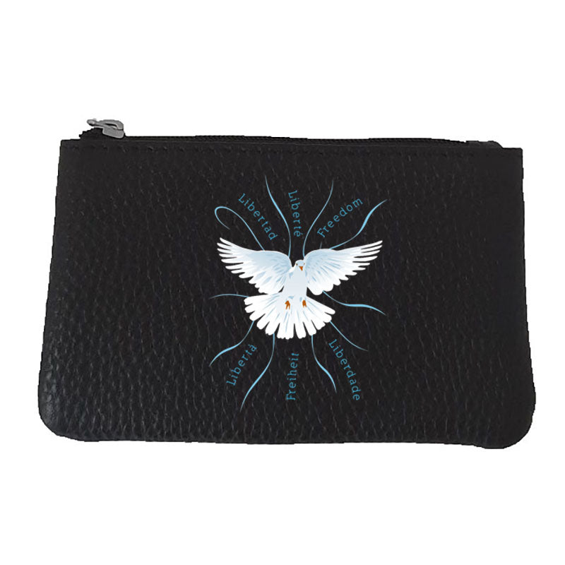 Petit Porte monnaie avec porte clés en Cuir noir personnalisé Colombe de la liberté