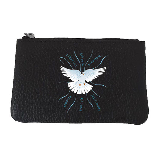 Petit Porte monnaie avec porte clés  en Cuir noir personnalisé Colombe de la liberté