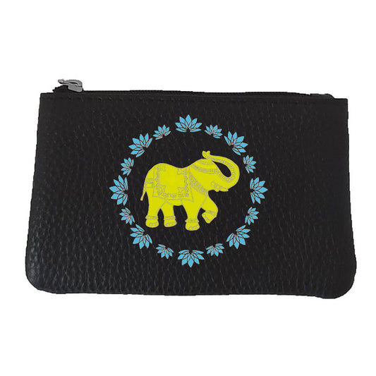 Petit Porte monnaie avec porte clés  en Cuir noir personnalisé Eléphant jaune