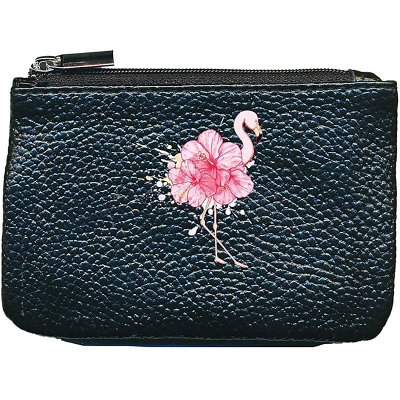 Petit Porte monnaie avec porte clés en Cuir noir personnalisé Flamant Rose Fleur