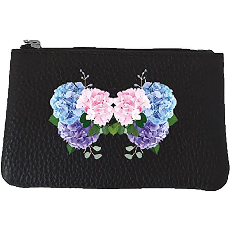 Petit Porte monnaie avec porte clés en Cuir noir pour femme personnalisé Hortensia