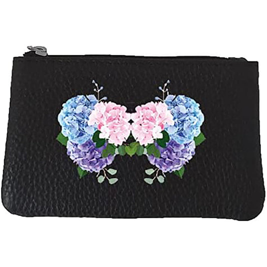 Petit Porte monnaie avec porte clés en Cuir noir pour femme personnalisé Hortensia