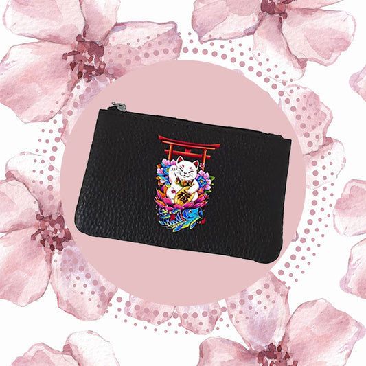 Petit Porte monnaie avec porte clés  en Cuir noir personnalisé Chat Manekineko