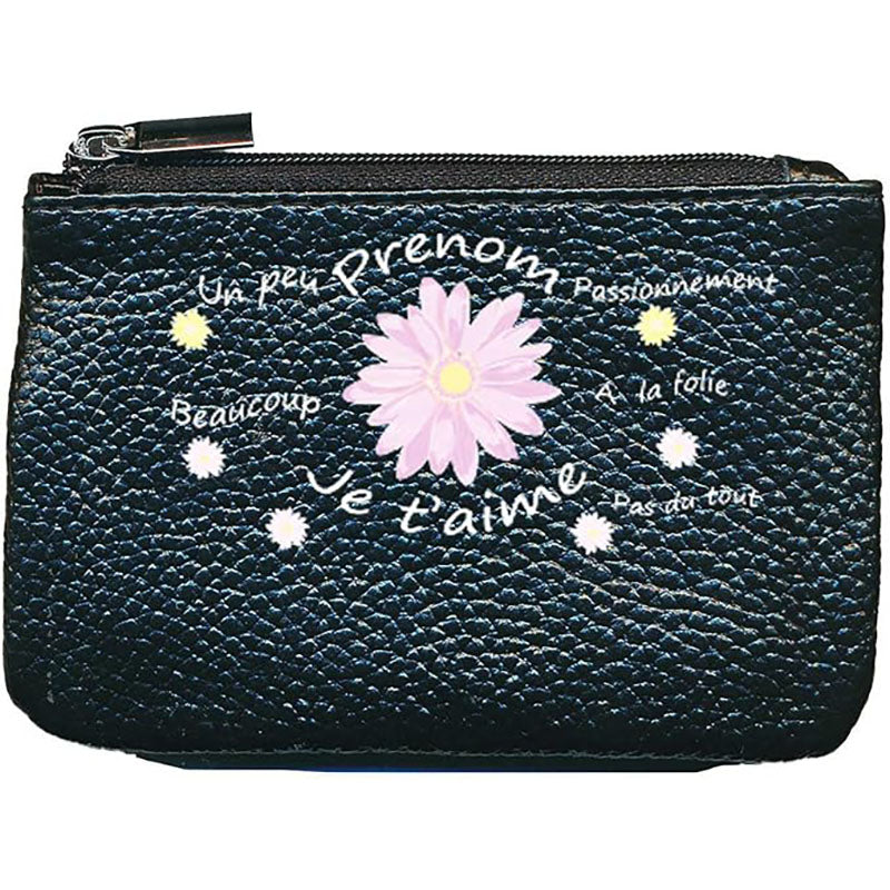 Petit Porte monnaie avec porte clés en Cuir noir pour femme personnalisé Marguerite je t'aime