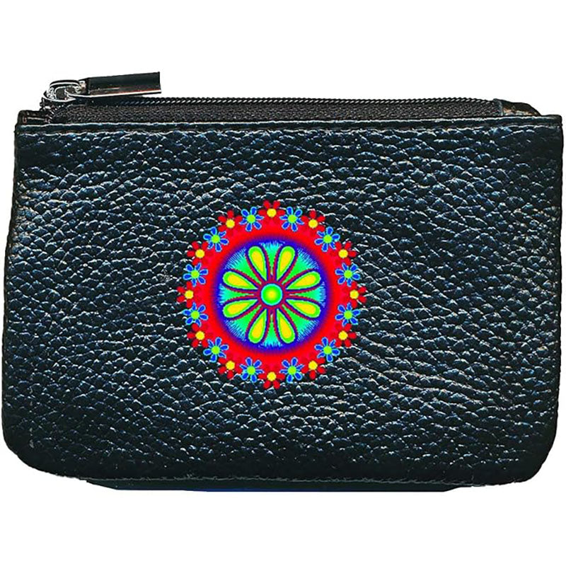 Petit Porte monnaie avec porte clés en Cuir noir pour femme personnalisé Marguerite Rouge