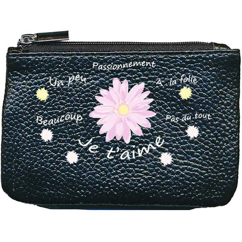 Petit Porte monnaie avec porte clés en Cuir noir pour femme personnalisé Marguerite je t'aime
