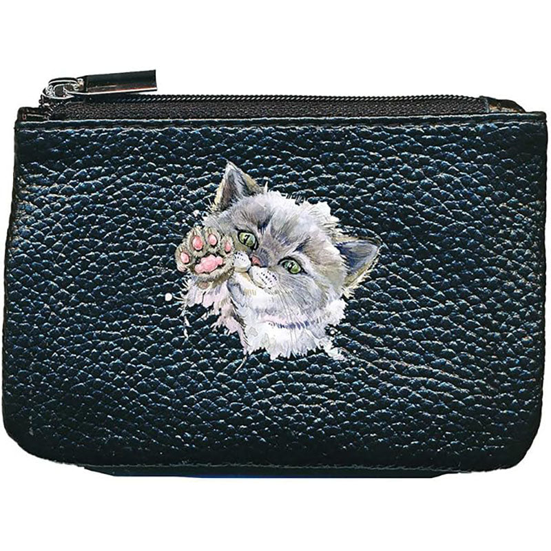 Petit Porte monnaie avec porte clés en Cuir noir pour femme personnalisé Chat Minou