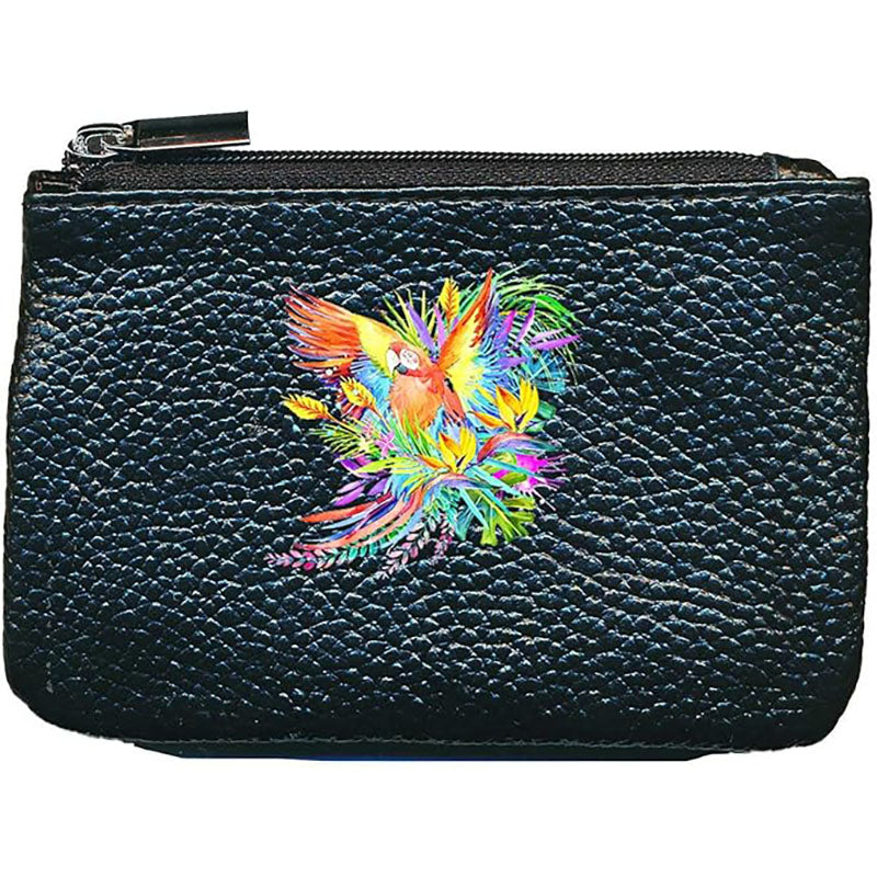 Petit Porte monnaie avec porte clés en Cuir noir personnalisé Perroquet