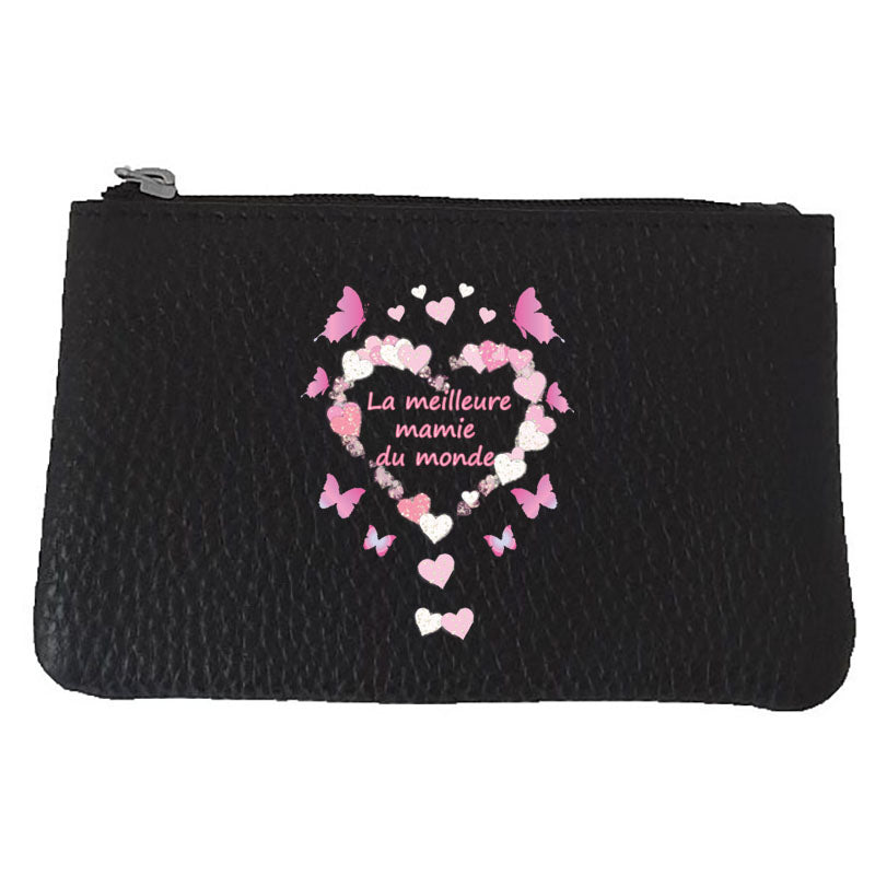 Petit Porte monnaie avec porte clés en Cuir noir pour femme personnalisé Meilleure Mamie