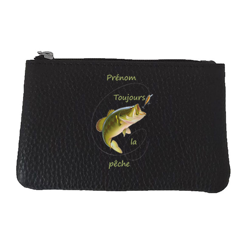 Petit Porte monnaie avec porte clés en Cuir noir pour Homme Mordu de pêche