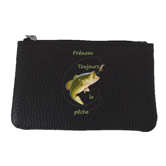 Petit Porte monnaie avec porte clés  en Cuir noir pour Homme Mordu de pêche