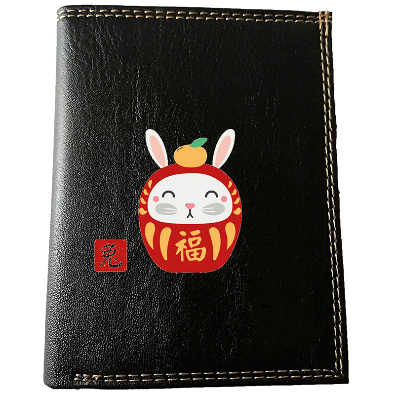 Petit Portefeuille et carte noir en Simili Cuir personnalisé avec Signe chinois Daruma