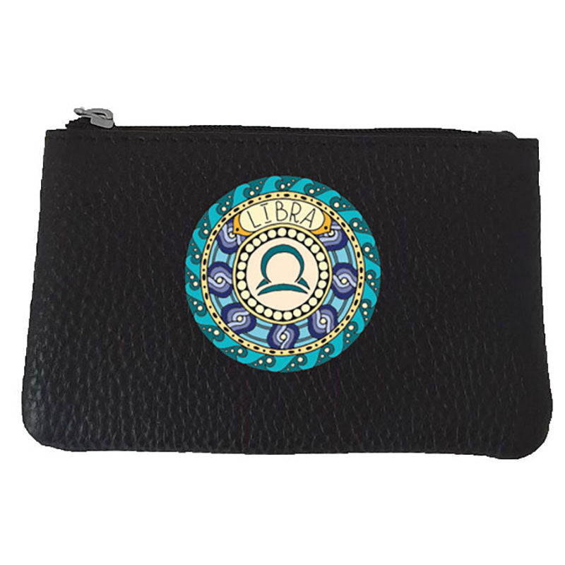 Petit Porte monnaie avec porte clés en Cuir noir personnalisé Signe zodiaque astrologique