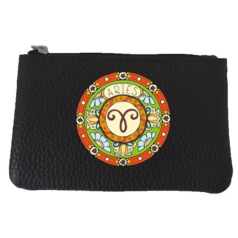 Petit Porte monnaie avec porte clés en Cuir noir personnalisé Signe zodiaque astrologique