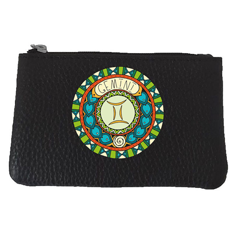 Petit Porte monnaie avec porte clés en Cuir noir personnalisé Signe zodiaque astrologique