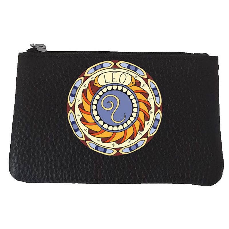 Petit Porte monnaie avec porte clés en Cuir noir personnalisé Signe zodiaque astrologique