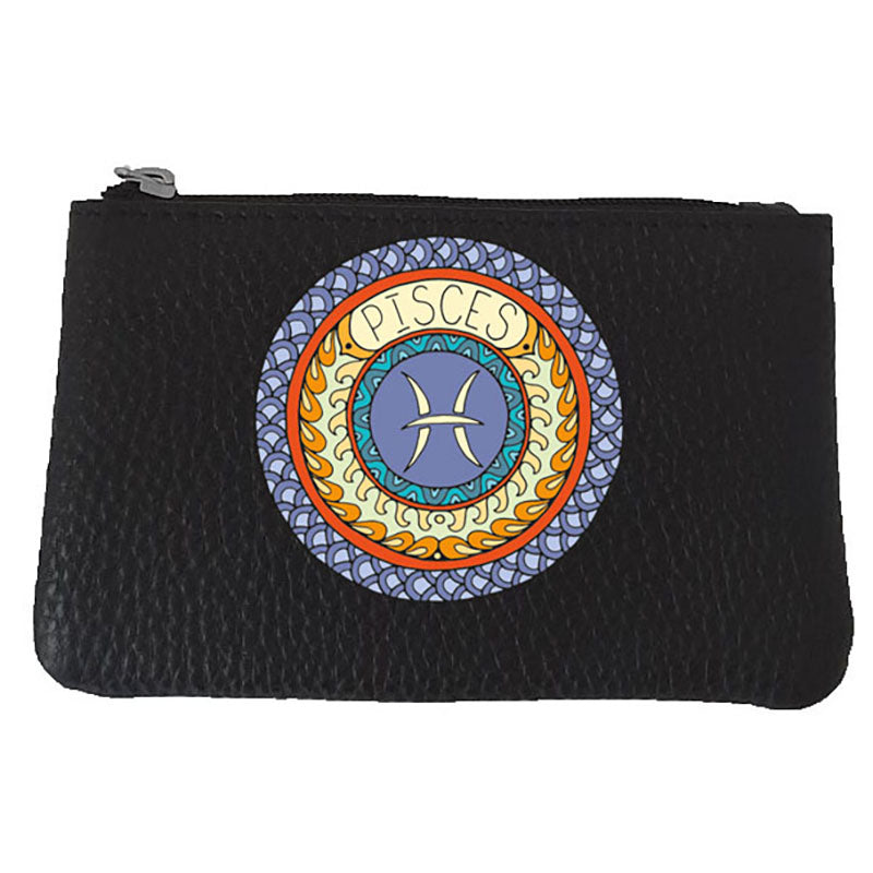 Petit Porte monnaie avec porte clés en Cuir noir personnalisé Signe zodiaque astrologique
