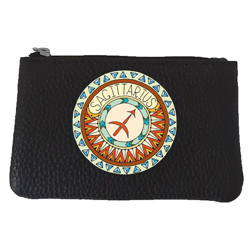 Petit Porte monnaie avec porte clés en Cuir noir personnalisé Signe zodiaque astrologique