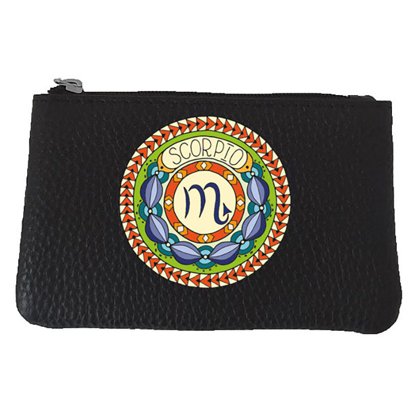 Petit Porte monnaie avec porte clés en Cuir noir personnalisé Signe zodiaque astrologique