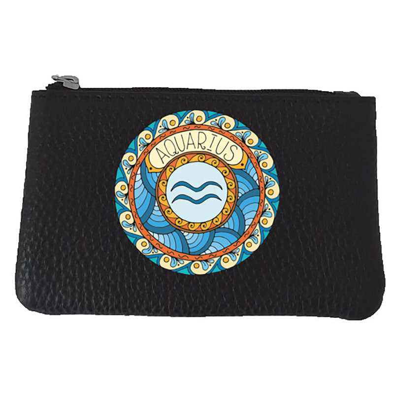 Petit Porte monnaie avec porte clés en Cuir noir personnalisé Signe zodiaque astrologique