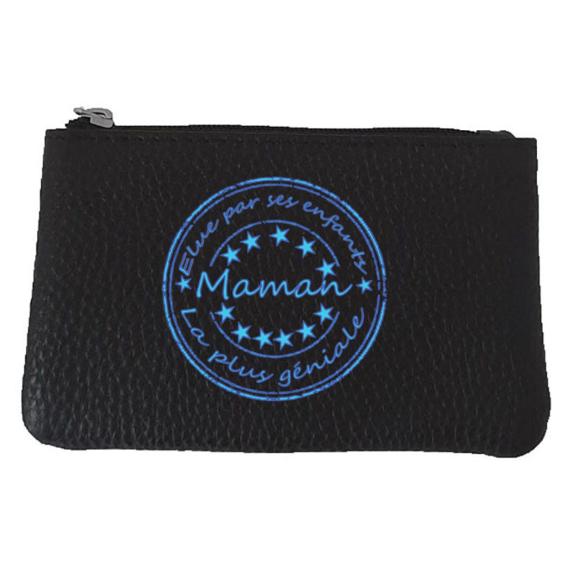 Petit Porte monnaie avec porte clés en Cuir noir pour femme - Elu par ses Enfants Maman Génial