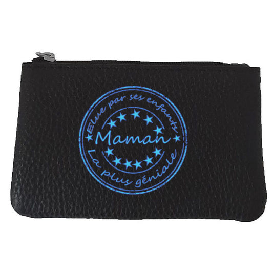 Petit Porte monnaie avec porte clés en Cuir noir pour femme - Elu par ses Enfants Maman Génial