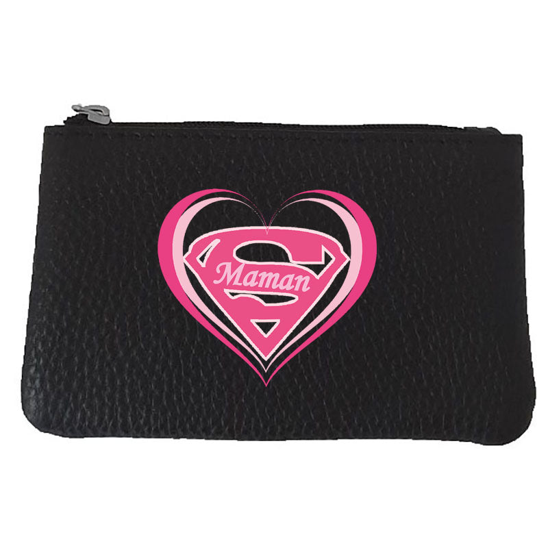 Petit Porte monnaie avec porte clés en Cuir noir pour femme personnalisé S Maman