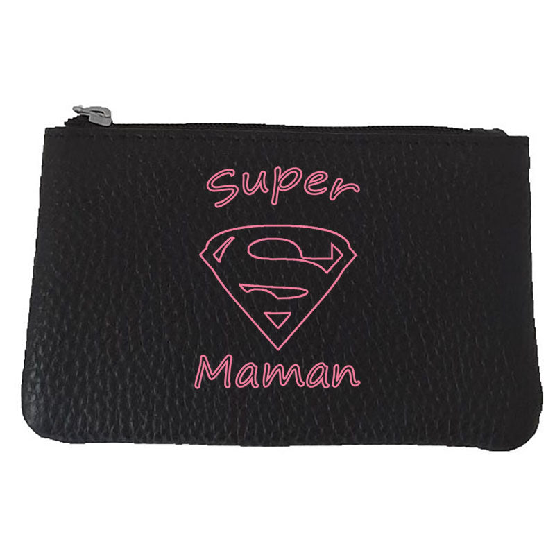 Petit Porte monnaie avec porte clés en Cuir noir pour femme personnalisé Super Maman