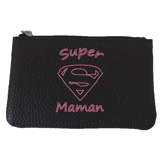 Petit Porte monnaie avec porte clés en Cuir noir pour femme personnalisé Super Maman
