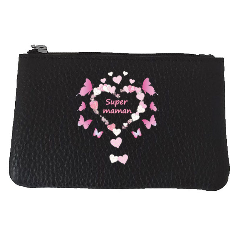 Petit Porte monnaie avec porte clés en Cuir noir pour femme personnalisé Super Maman Coeur