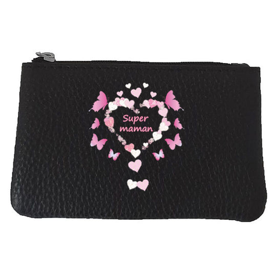 Petit Porte monnaie avec porte clés en Cuir noir pour femme personnalisé Super Maman Coeur