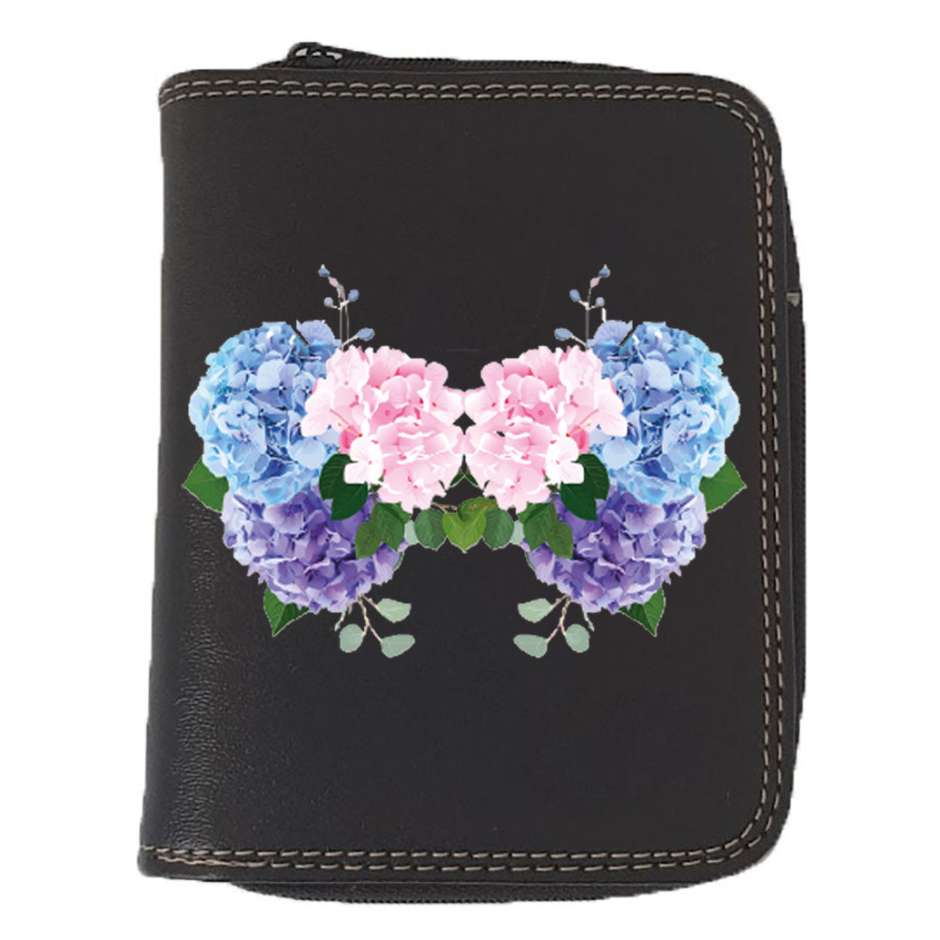 Porte monnaie et carte noir en Simili Cuir pour femme personnalisé Hortensia