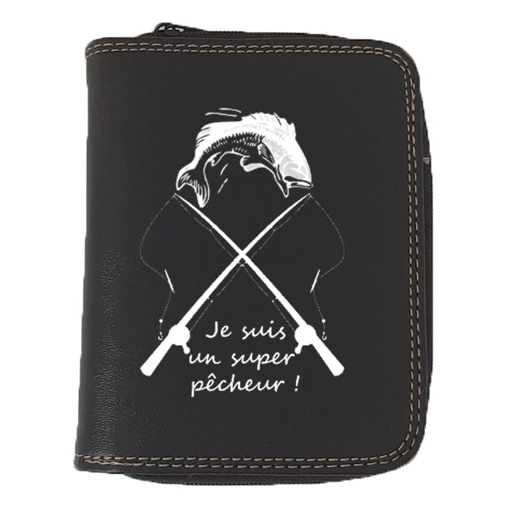 Porte monnaie et carte noir en Simili Cuir pour Homme personnalisé Super Pêcheur