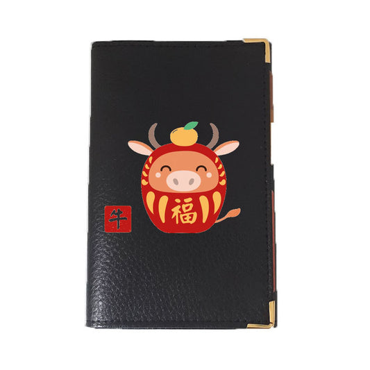 Porte carte grise en Cuir noir personnalisé avec Signe Chinois Daruma
