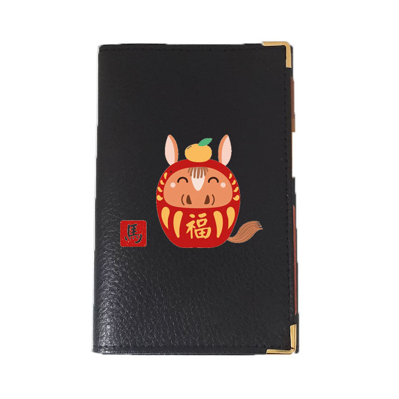 Porte carte grise en Cuir noir personnalisé avec Signe Chinois Daruma