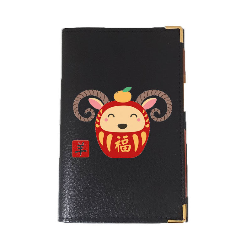 Porte carte grise en Cuir noir personnalisé avec Signe Chinois Daruma