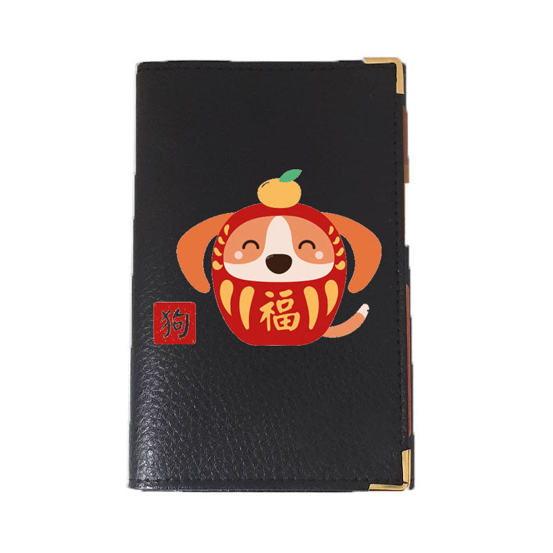 Porte carte grise en Cuir noir personnalisé avec Signe Chinois Daruma