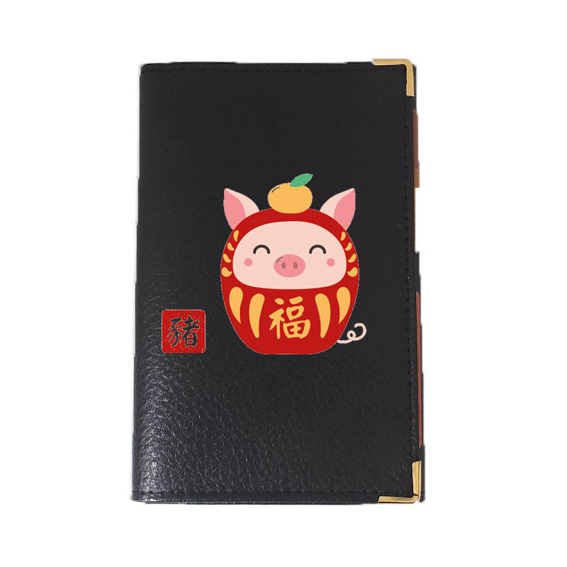 Porte carte grise en Cuir noir personnalisé avec Signe Chinois Daruma
