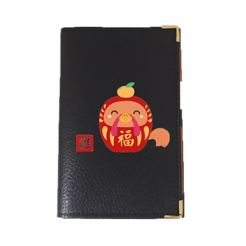 Porte carte grise en Cuir noir personnalisé avec Signe Chinois Daruma