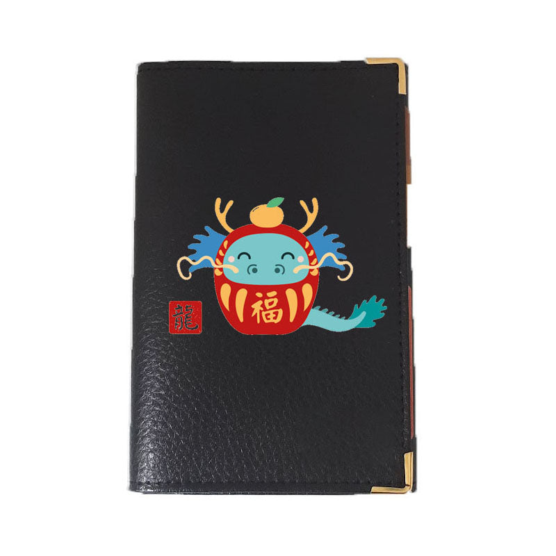 Porte carte grise en Cuir noir personnalisé avec Signe Chinois Daruma
