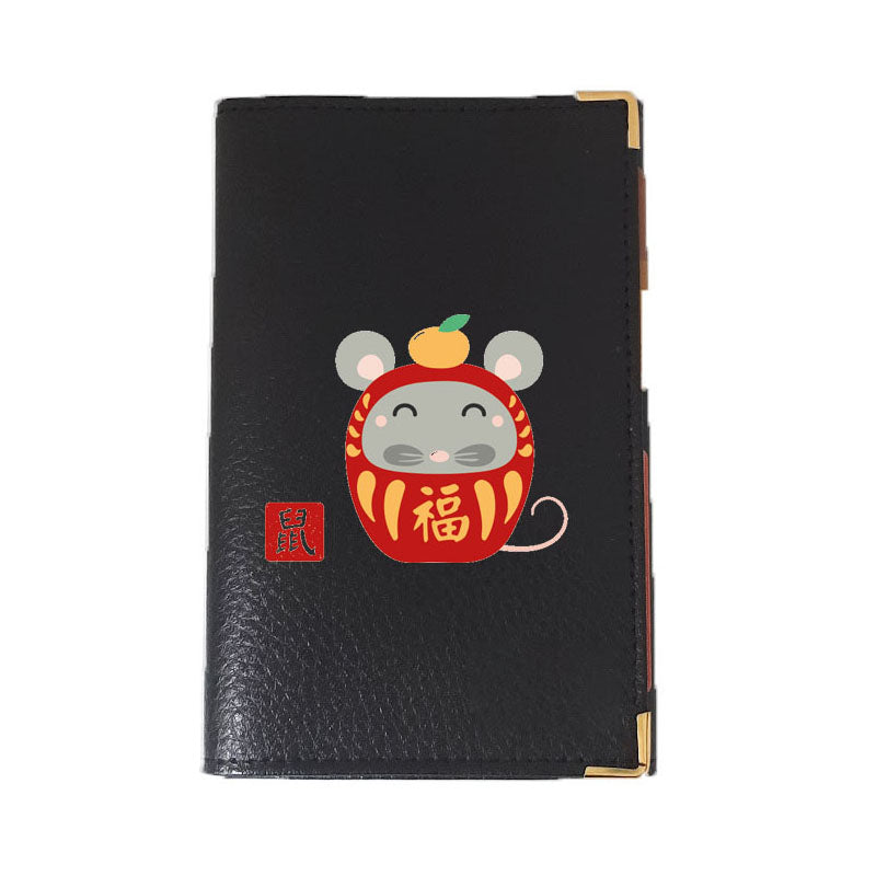 Porte carte grise en Cuir noir personnalisé avec Signe Chinois Daruma
