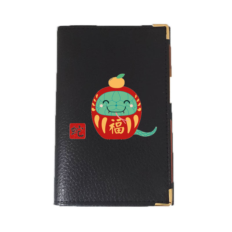 Porte carte grise en Cuir noir personnalisé avec Signe Chinois Daruma