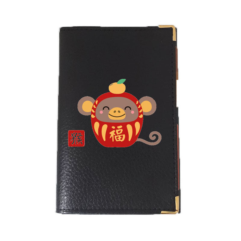 Porte carte grise en Cuir noir personnalisé avec Signe Chinois Daruma
