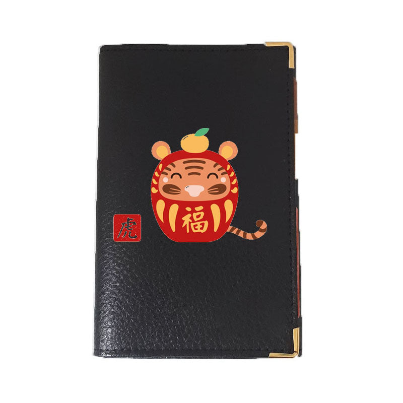Porte carte grise en Cuir noir personnalisé avec Signe Chinois Daruma