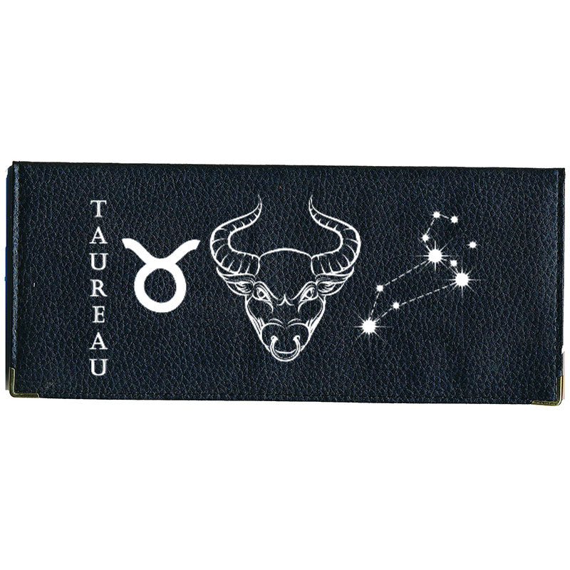 Porte Chéquier long en cuir noir personnalisé avec Signe Astrologique