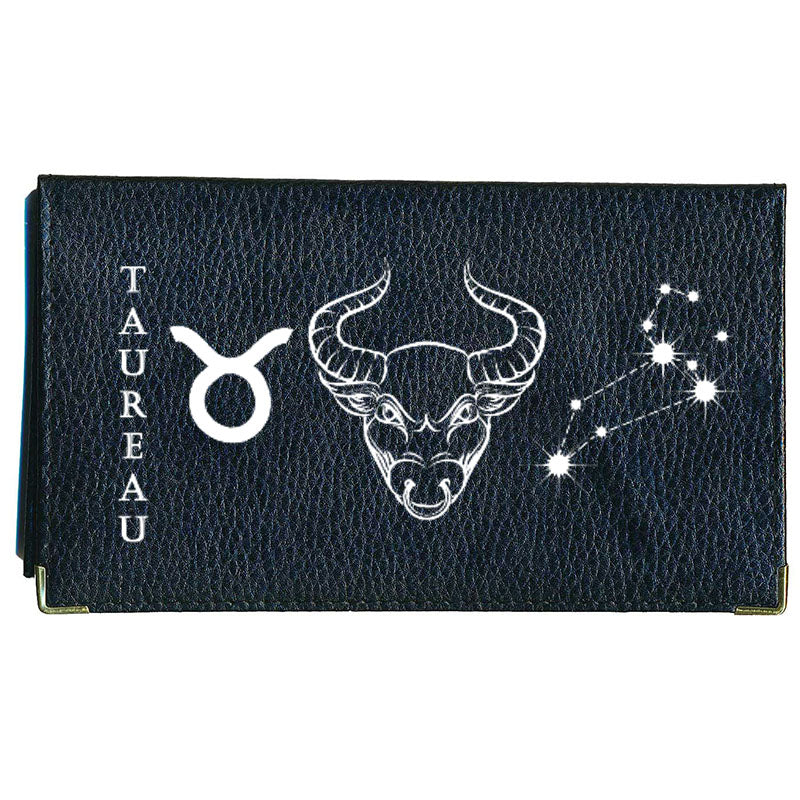 Porte Chéquier en cuir noir personnalisé avec Signe Astrologique