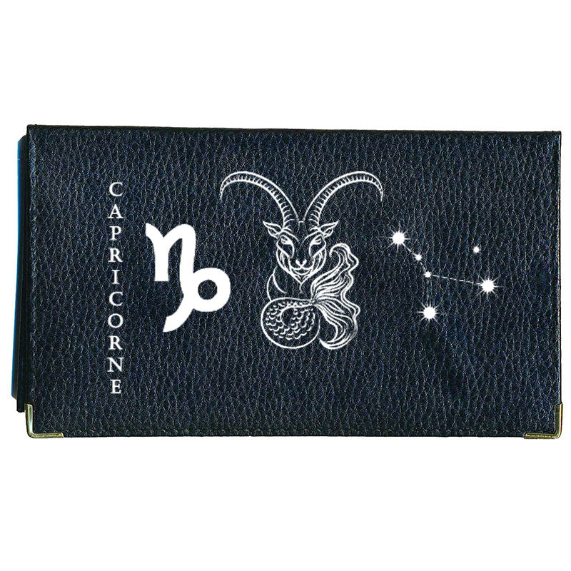 Porte Chéquier long en cuir noir personnalisé avec Signe Astrologique