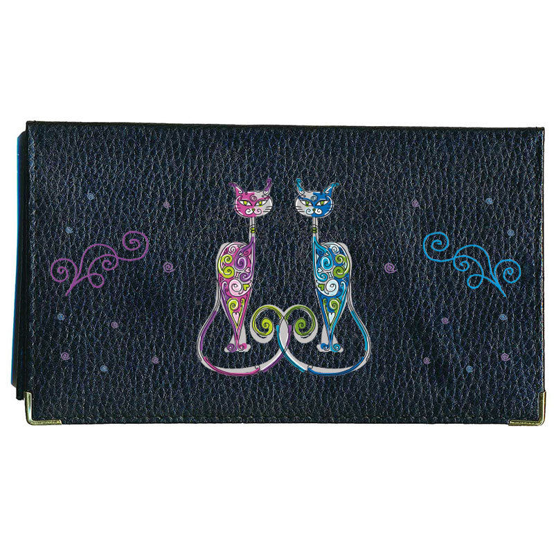 Porte chéquier et carte en cuir noir pour femme personnalisé Couple de chat
